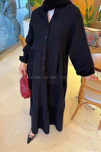 Black Mandarin Collar Cotton Unprinted Dresess