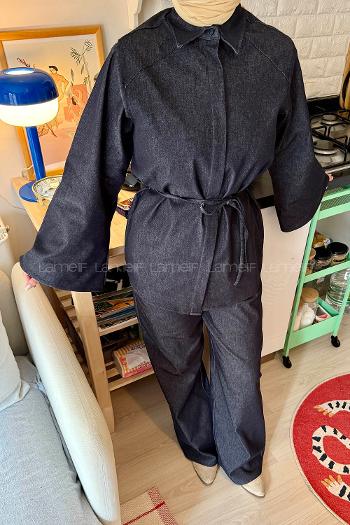 Lamelif Yarasa Kol Pantolonlu Takım Füme