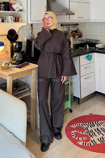 Lamelif Yarasa Kol Pantolonlu Takım Koyu kahverengi