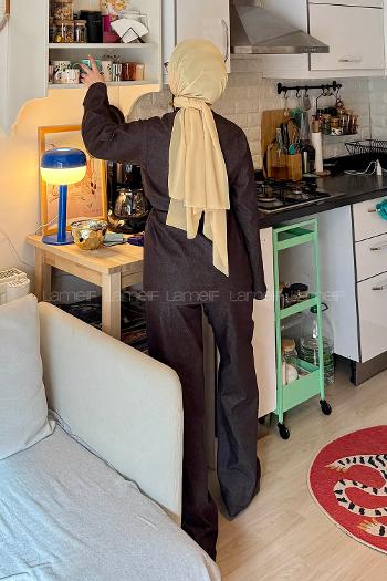 Lamelif Yarasa Kol Pantolonlu Takım Koyu kahverengi