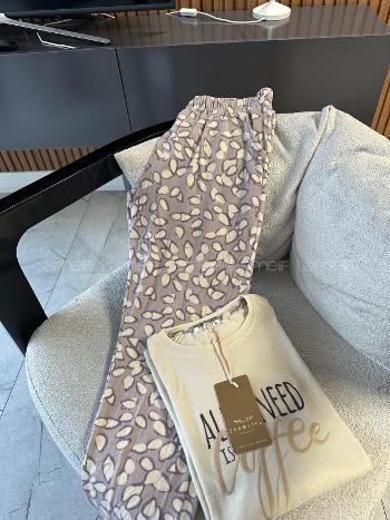 Lamelif Fun Times All I Need Is Coffee Nakışlı Termal Pijama Takımı