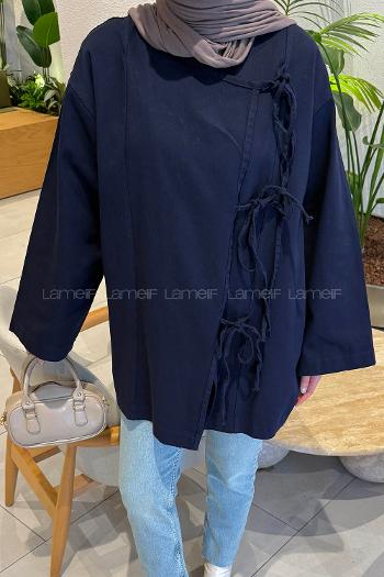 Lamelif Bağlama Detaylı Kimono Lacivert