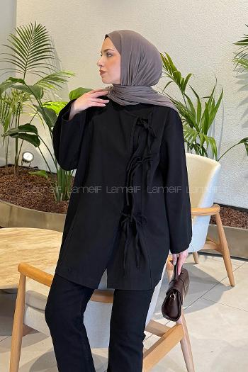 Lamelif Bağlama Detaylı Kimono Siyah