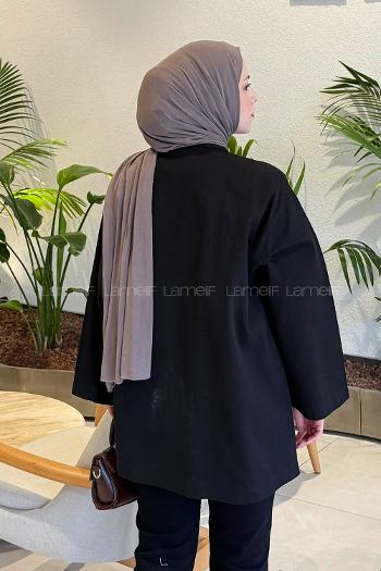 Lamelif Bağlama Detaylı Kimono Siyah
