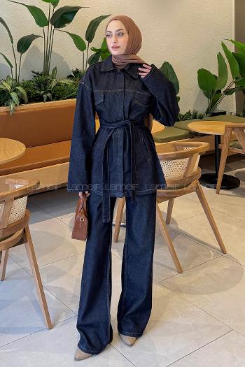 Dark Blue Shirt Collar Long Arm Denim Regular Trousers Denim Suit