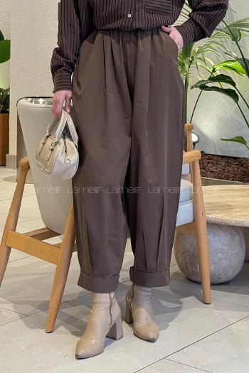 Lamelif Beli Lastikli Bağcıklı Pantolon Kahverengi