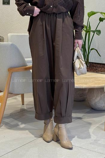 Lamelif Beli Lastikli Bağcıklı Pantolon Kahverengi