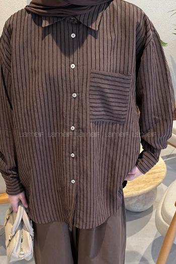 Lamelif Çizgili Modal Gömlek Acı Kahve