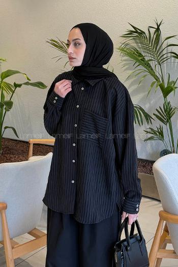 Lamelif Çizgili Modal Gömlek Siyah
