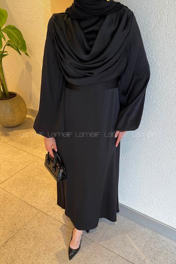 Lamelif Degaje Detaylı Balon Kol Tesettür Elbise Siyah