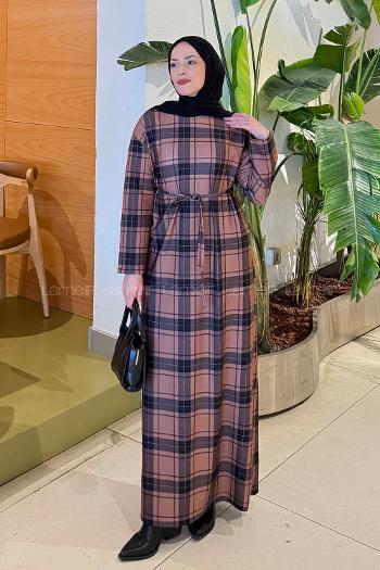 Lamelif Ekose Desen Tesettür Elbise Hardal Sarısı