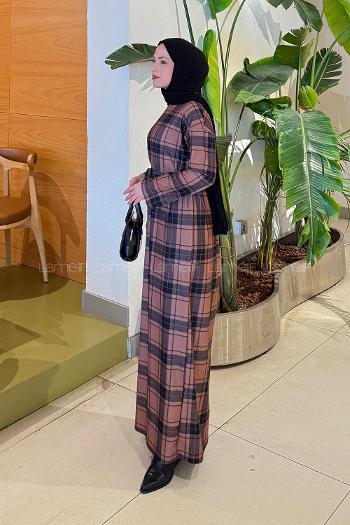 Lamelif Ekose Desen Tesettür Elbise Hardal Sarısı