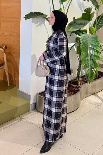 Lamelif Ekose Desen Tesettür Elbise Siyah-Vizonrengi