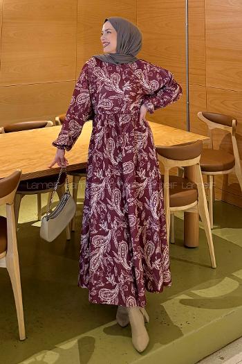 Lamelif Etnik Desen Tesettür Elbise Bordo