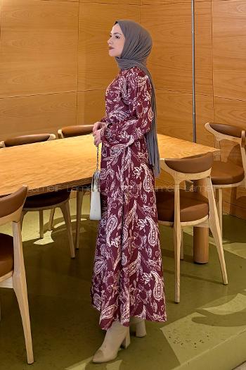 Lamelif Etnik Desen Tesettür Elbise Bordo