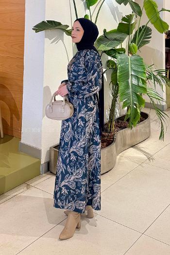Lamelif Etnik Desen Tesettür Elbise Petrol Mavisi