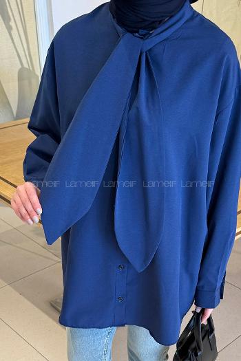 Navy Blue Foulard Neck Long Arm Cotton Polyester Shirt