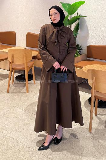 Bitter Brown Foulard Neck Long Arm Cotton Flared Skirt Suit