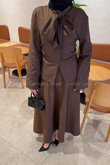 Bitter Brown Foulard Neck Long Arm Cotton Flared Skirt Suit