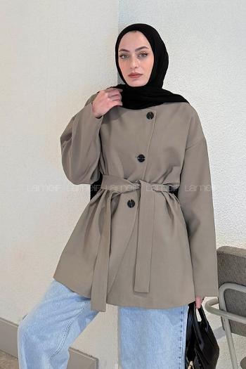 Khaki Crew Neck Long Arm Viscose Fabric Jacket