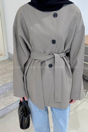 Khaki Crew Neck Long Arm Viscose Fabric Jacket