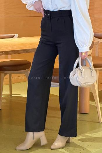 Lamelif Palozzo Model Kemerli Pantolon Siyah