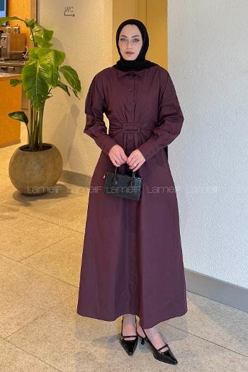 Lamelif Toka Detaylı Terikoton Elbise Mürdüm