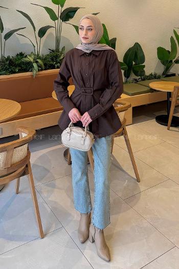 Lamelif Toka Detaylı Terikoton Gömlek Acı Kahve