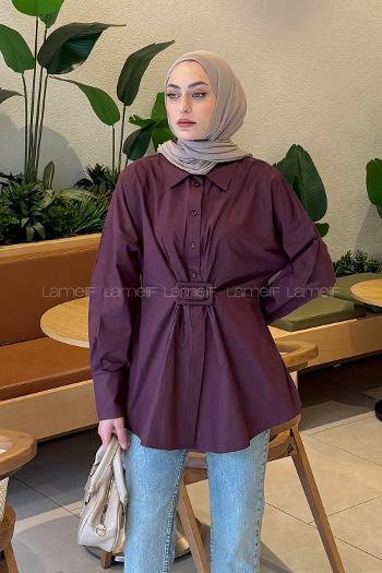 Lamelif Toka Detaylı Terikoton Gömlek Mürdüm