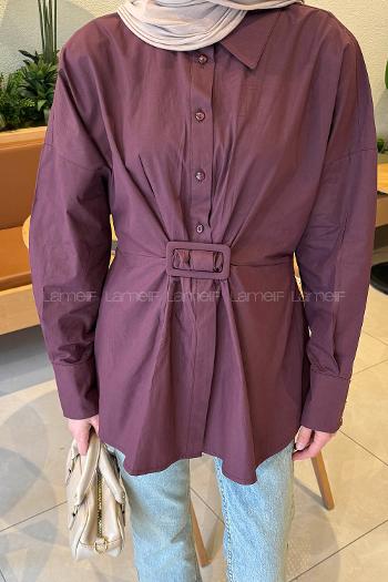 Lamelif Toka Detaylı Terikoton Gömlek Mürdüm