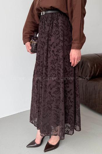 Lamelif Astarlı Tül Etek Acı Kahve