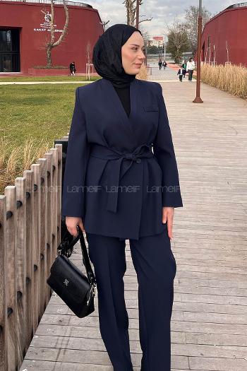 Navy Blue V Neck Long Arm Polyester Regular Trousers Suit