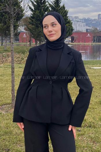 Lamelif Belden Oturtmalı Ceket-Pantolon Takım Siyah