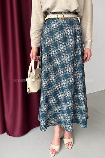 Lamelif Ekose Detay Çan Etek Petrol Mavisi