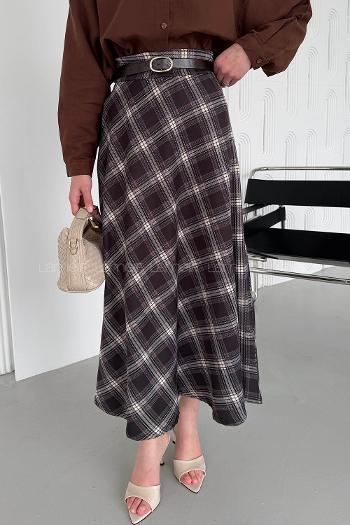 Lamelif Ekose Detay Çan Etek Siyah-Kahverengi