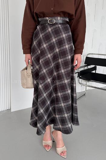 Lamelif Ekose Detay Çan Etek Siyah-Kahverengi