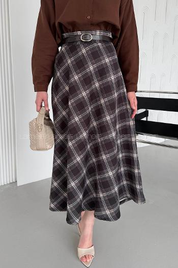 Lamelif Ekose Detay Çan Etek Siyah-Kahverengi