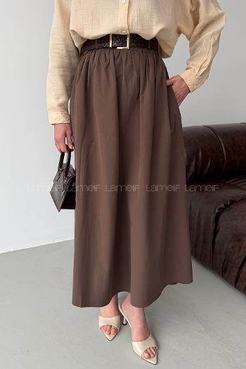 Lamelif Kemerli Büzgülü Etek Kahverengi