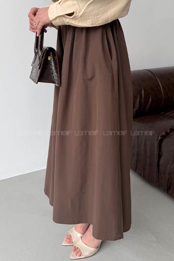 Lamelif Kemerli Büzgülü Etek Kahverengi