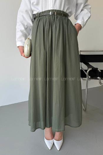 Lamelif Kemerli Cepli Tesettür Etek Haki