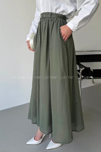 Lamelif Kemerli Cepli Tesettür Etek Haki