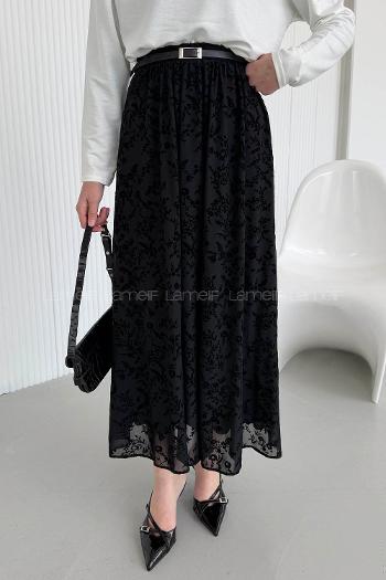 Lamelif Kemerli Cepli Tesettür Etek Siyah