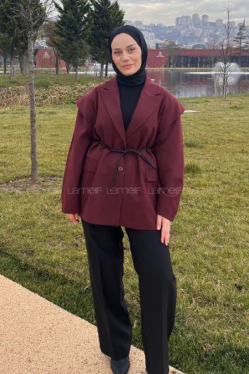 Claret Red Jacket Collar Long Arm Viscose Fabric Jacket