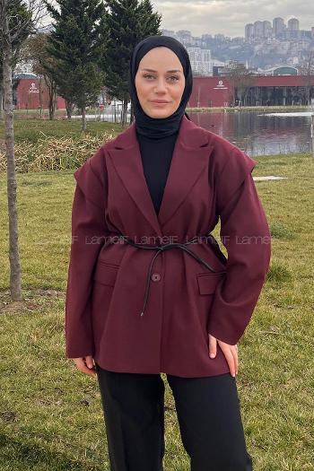 Claret Red Jacket Collar Long Arm Viscose Fabric Jacket