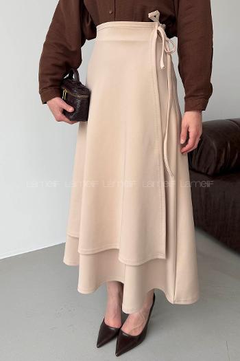 Lamelif Scuba Yandan Bağlamalı Çan Etek Bej