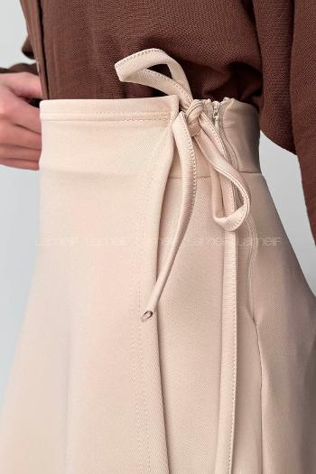 Lamelif Scuba Yandan Bağlamalı Çan Etek Bej