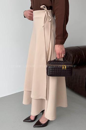 Lamelif Scuba Yandan Bağlamalı Çan Etek Bej