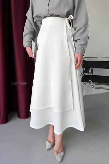 Lamelif Scuba Yandan Bağlamalı Çan Etek Beyaz