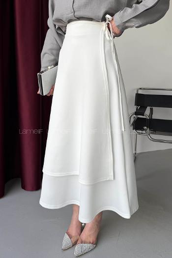Lamelif Scuba Yandan Bağlamalı Çan Etek Beyaz