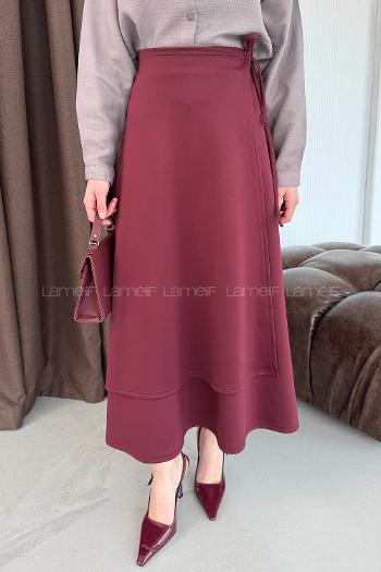 Lamelif Scuba Yandan Bağlamalı Çan Etek Bordo